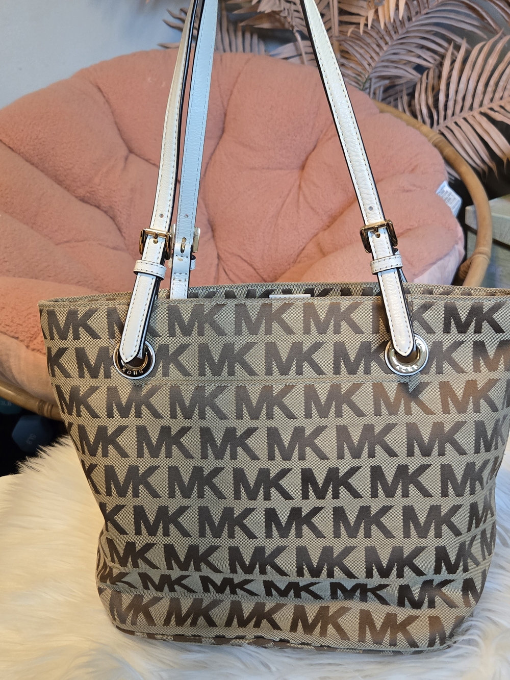 Vintage Michael Kors Beige MK Logo Tote with White Straps
